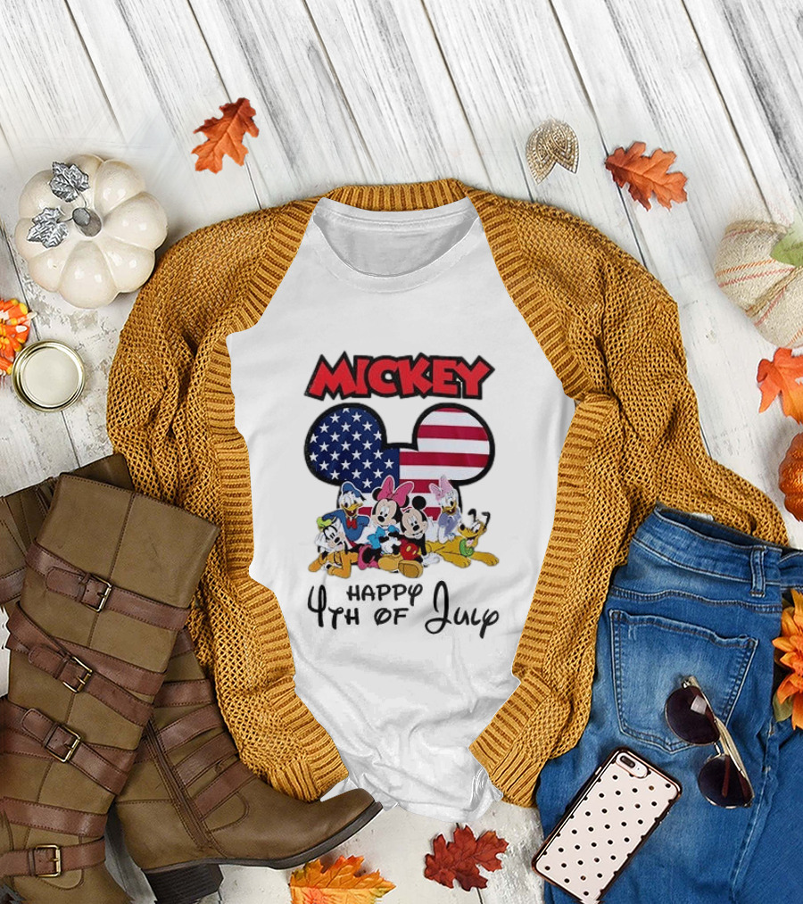 Mickey Mouse Happy 4th of July Disney Celebration with American Flag and Characters T-Shirt