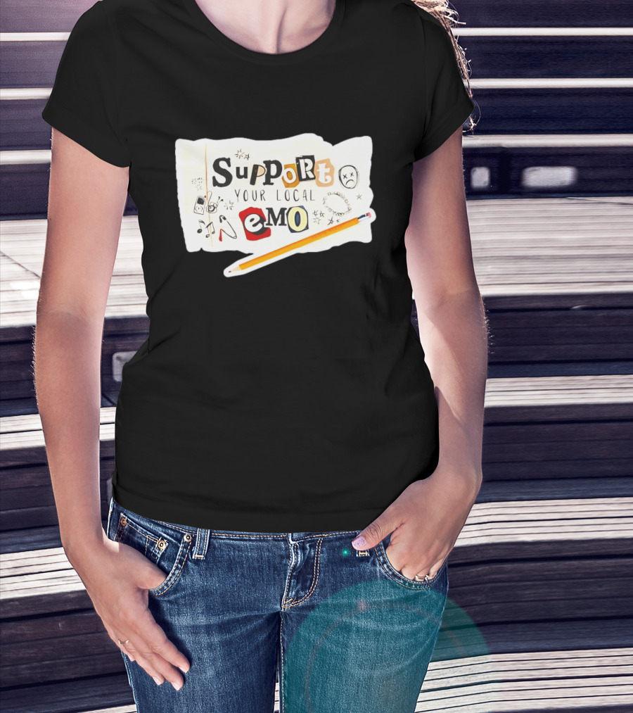 Support Your Local Emo Cutout Style With Pencil And Emojis T-Shirt
