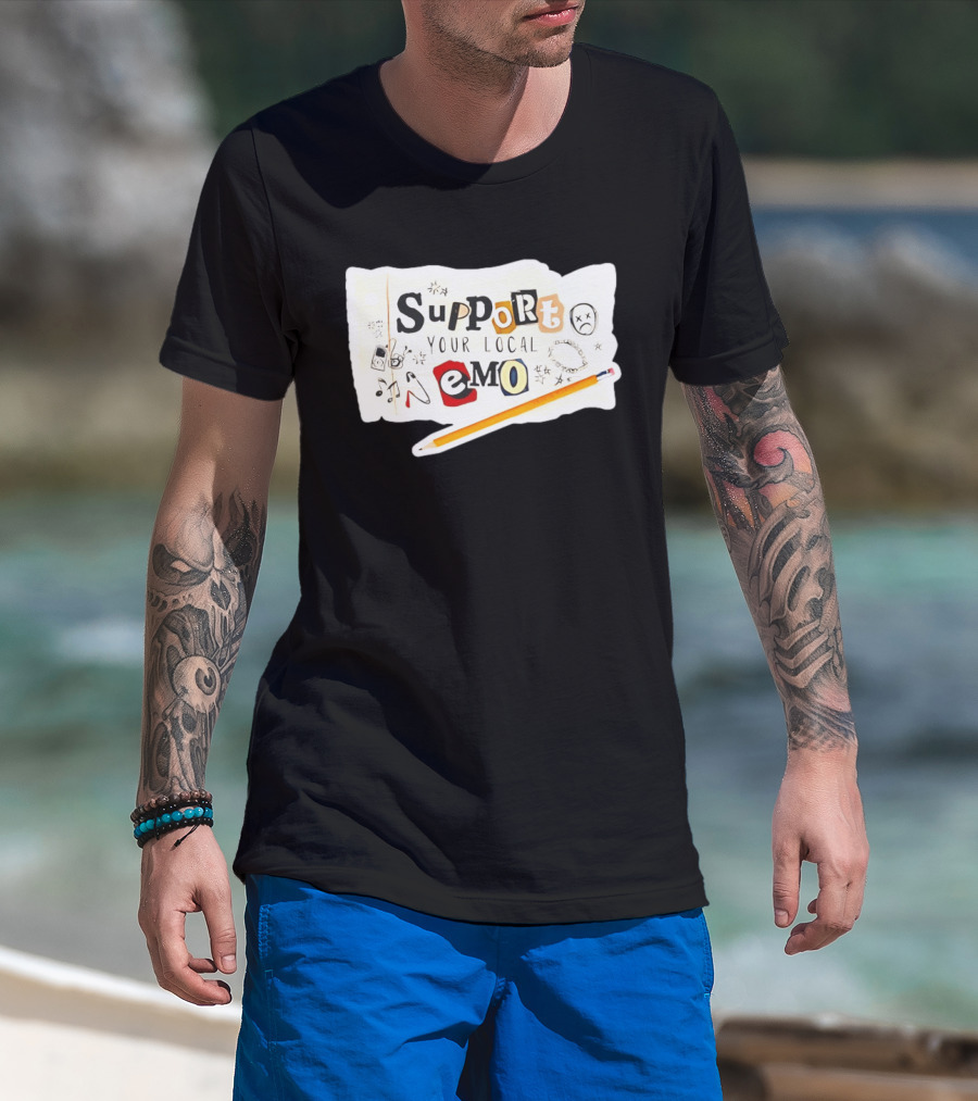 Support Your Local Emo Cutout Style With Pencil And Emojis T-Shirt