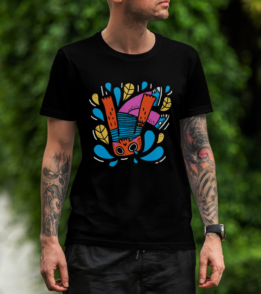 Decaida Downfall Colorful Cartoon Character Upside Down Splash T-Shirt