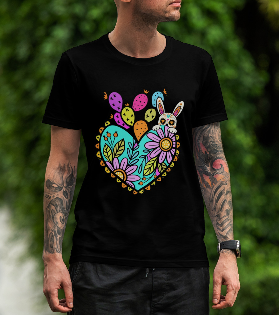 Easter Day Rabbit Holding Heart Sagrado Corazon Floral Bunny Balloons T-Shirt