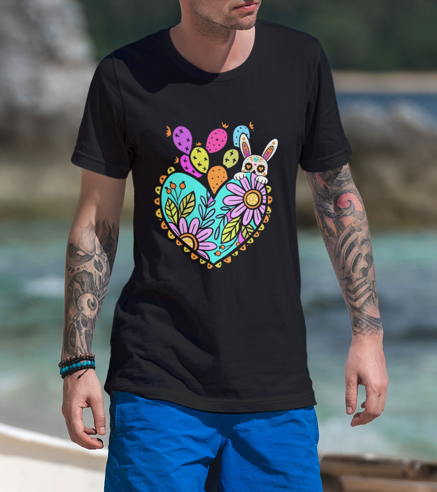 Easter Day Rabbit Holding Heart Sagrado Corazon Floral Bunny Balloons T-Shirt