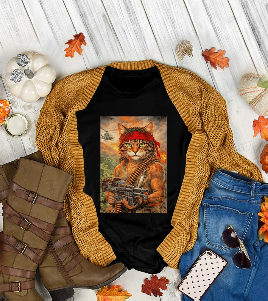 Rambo Cat with MG 3 Gun on Battlefield with Helicopter and Jungle Backdrop T-Shirt