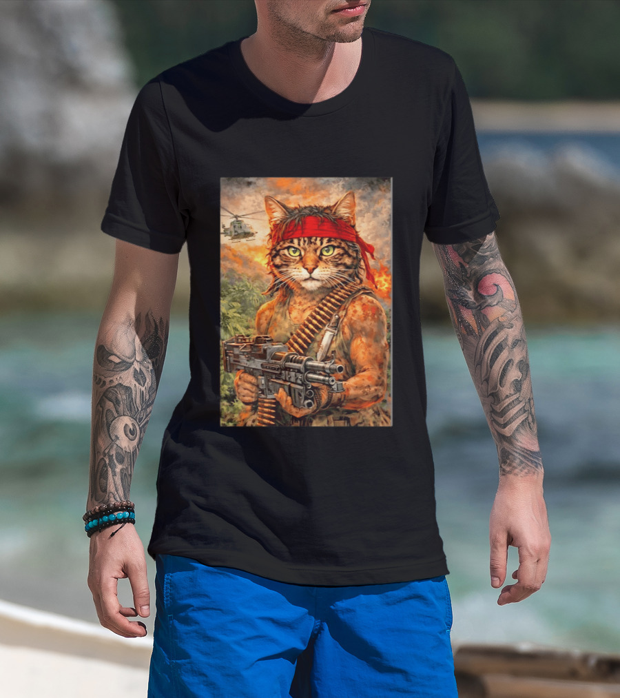Rambo Cat With MG 3 Gun On Battlefield With Helicopter And Jungle Backdrop T-Shirt