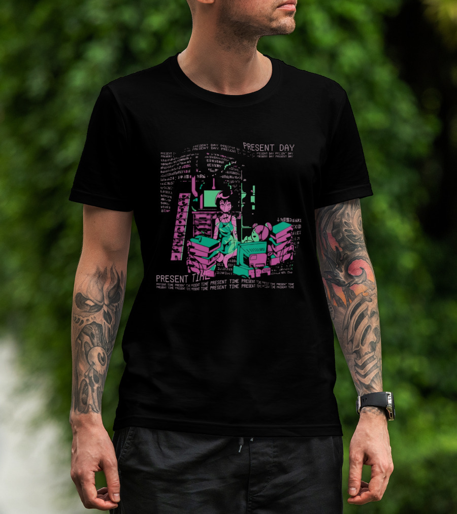 Connect To The Wired Present Day Present Time Retro Tech Aesthetic Stack Of Devices T-Shirt