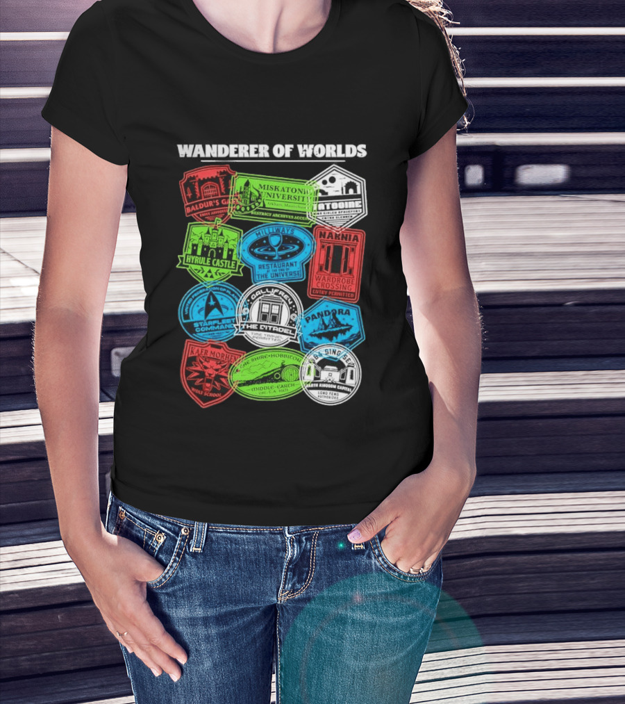 Wanderer Of Worlds Travel Stamps Baldur's Gate Miskatonic Hyrule Middle Earth Narnia T-Shirt
