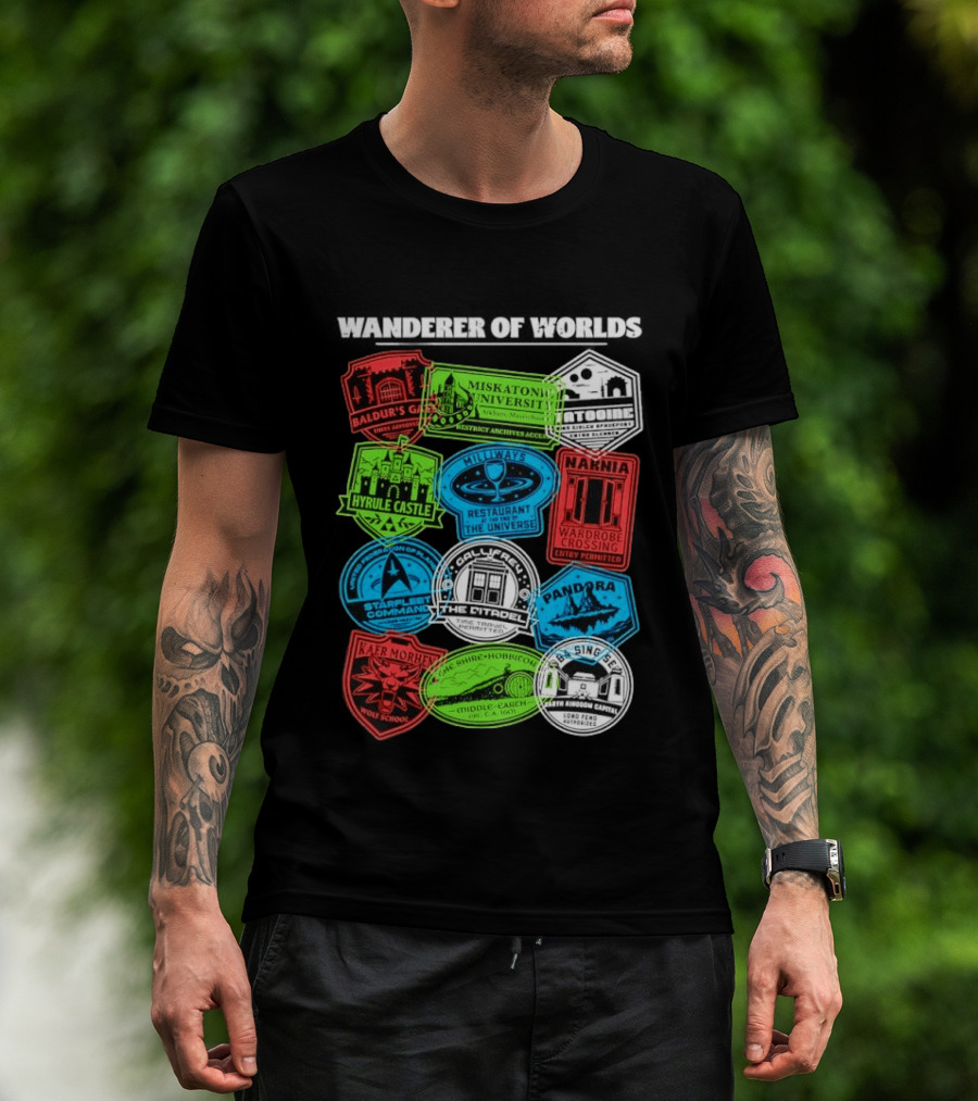 Wanderer Of Worlds Travel Stamps Baldur's Gate Miskatonic Hyrule Middle Earth Narnia T-Shirt