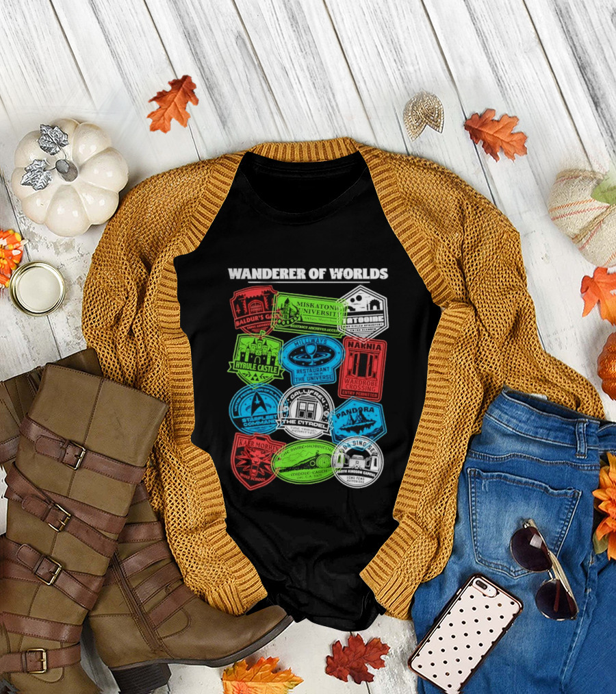 Wanderer of Worlds Travel Stamps Baldur's Gate Miskatonic Hyrule Middle Earth Narnia T-Shirt