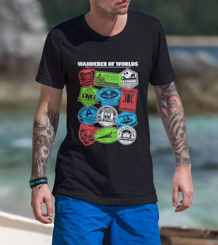 Wanderer Of Worlds Travel Stamps Baldur's Gate Miskatonic Hyrule Middle Earth Narnia T-Shirt