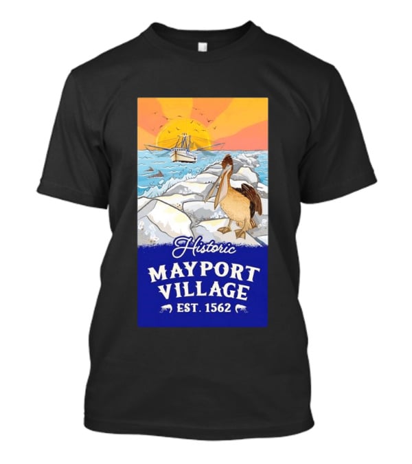 Historic Mayport Village EST 1562 Ocean Sunrise Pelican And Fishing Boat T-Shirt