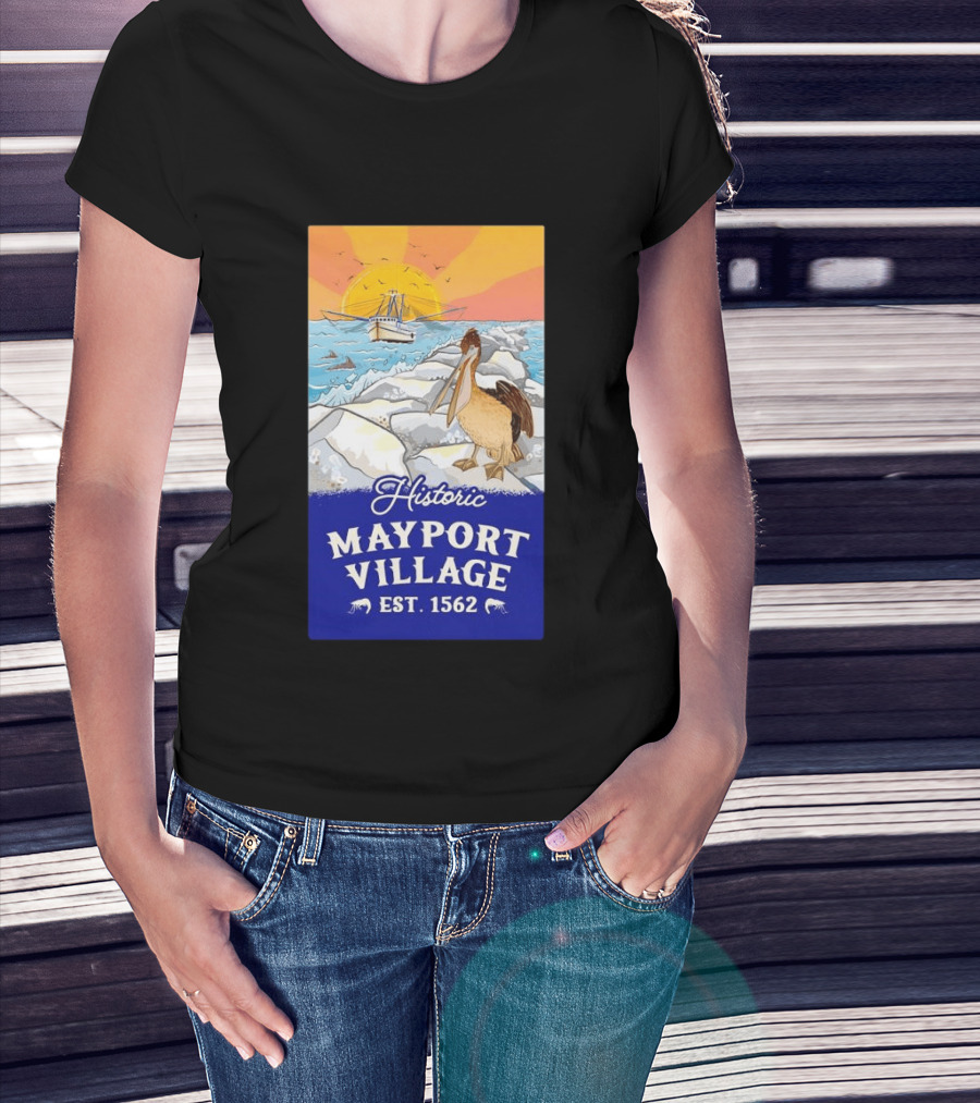Historic Mayport Village EST 1562 Ocean Sunrise Pelican And Fishing Boat T-Shirt
