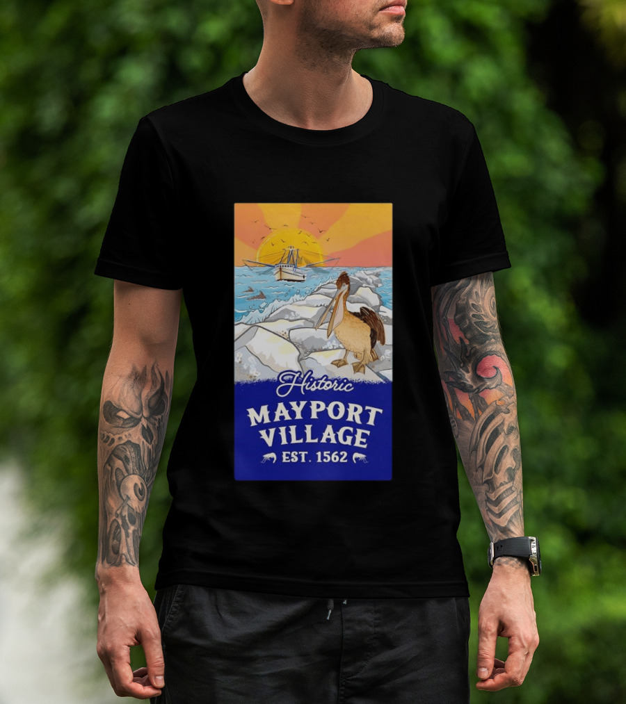 Historic Mayport Village EST 1562 Ocean Sunrise Pelican And Fishing Boat T-Shirt