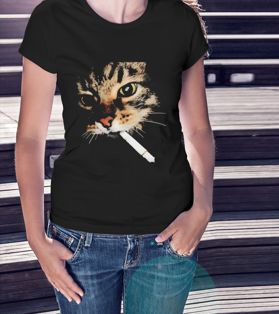 Cat Smoking Big Head Meme Artfully Distorted Feline Expression T-Shirt