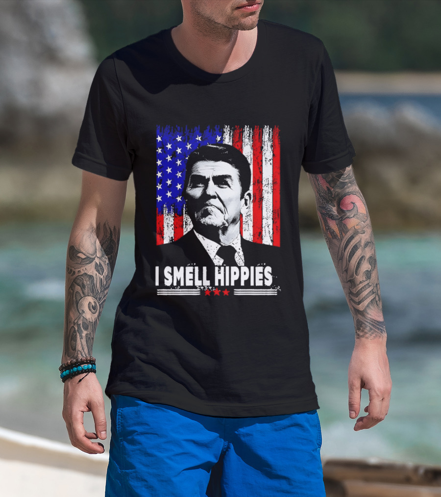 I Smell Hippies Reagan USA Flag Stars And Stripes T-Shirt