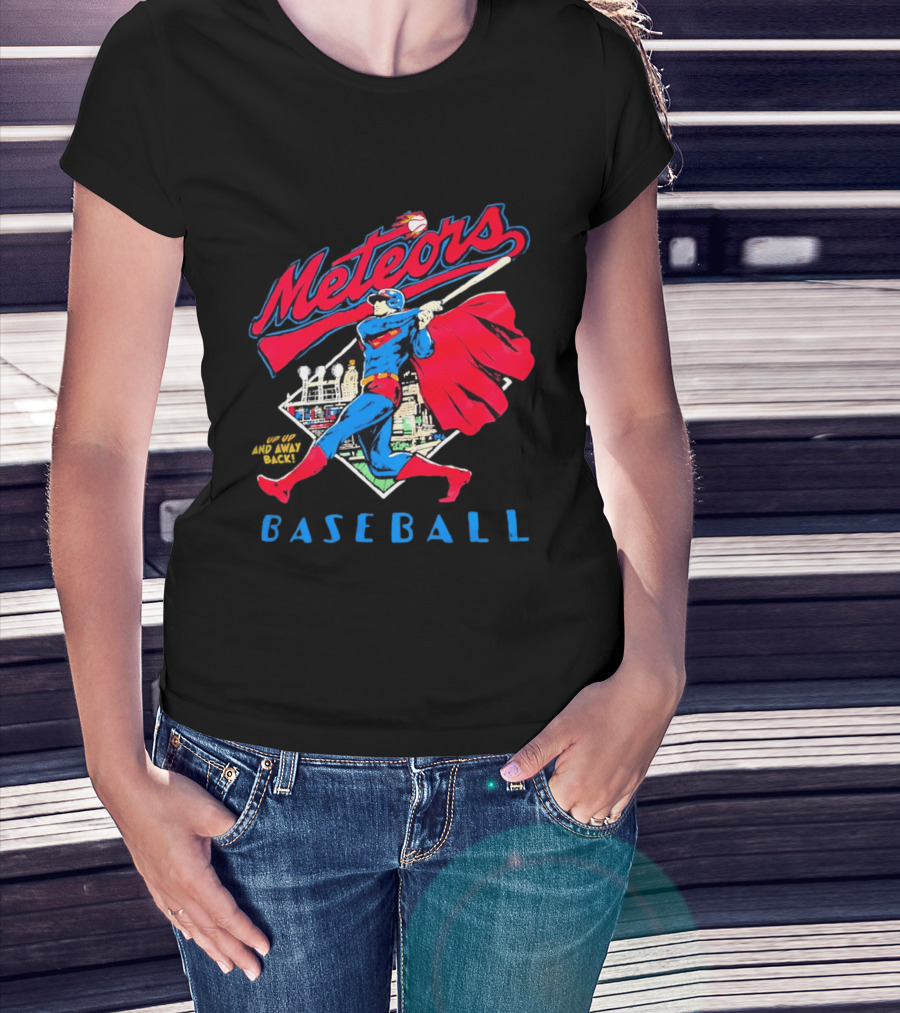Meteors Baseball Superhero Swinging Bat Power City Stadium Iconic Comic T-Shirt