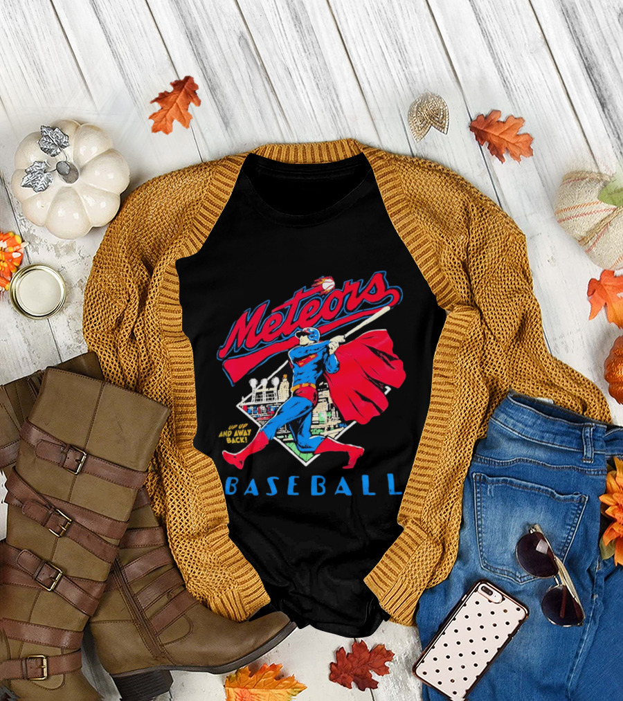 Meteors Baseball Superhero Swinging Bat Power City Stadium Iconic Comic T-Shirt