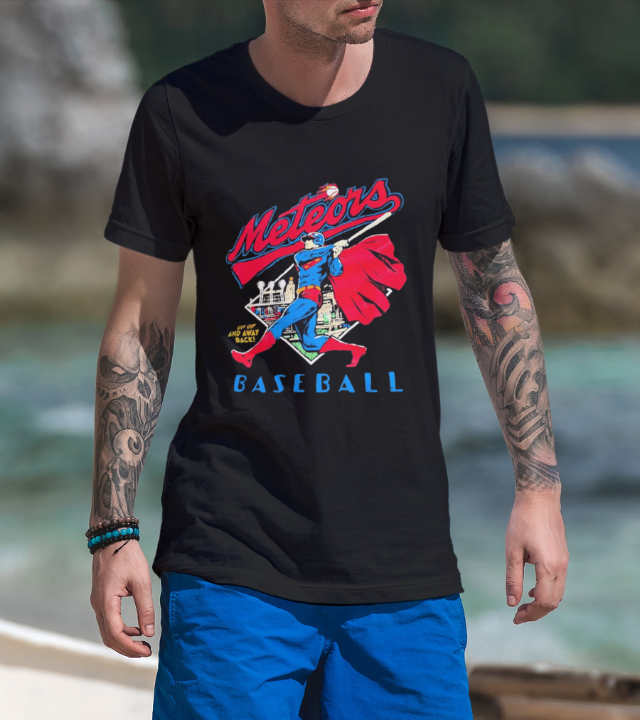 Meteors Baseball Superhero Swinging Bat Power City Stadium Iconic Comic T-Shirt
