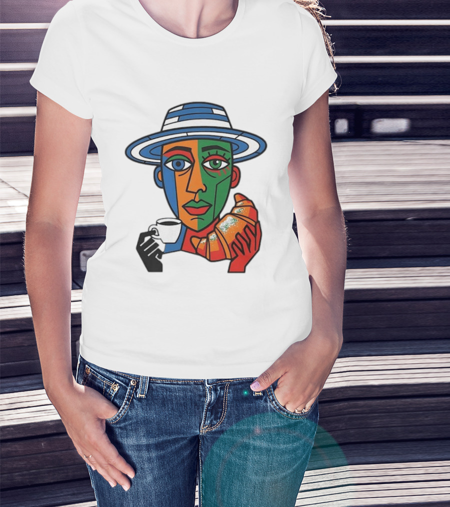 Cubist Coffee Drinker With Hat And Croissant T-Shirt