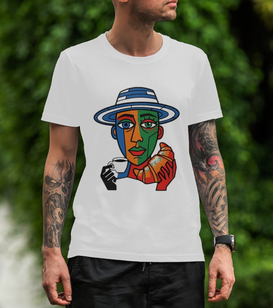 Cubist Coffee Drinker With Hat And Croissant T-Shirt