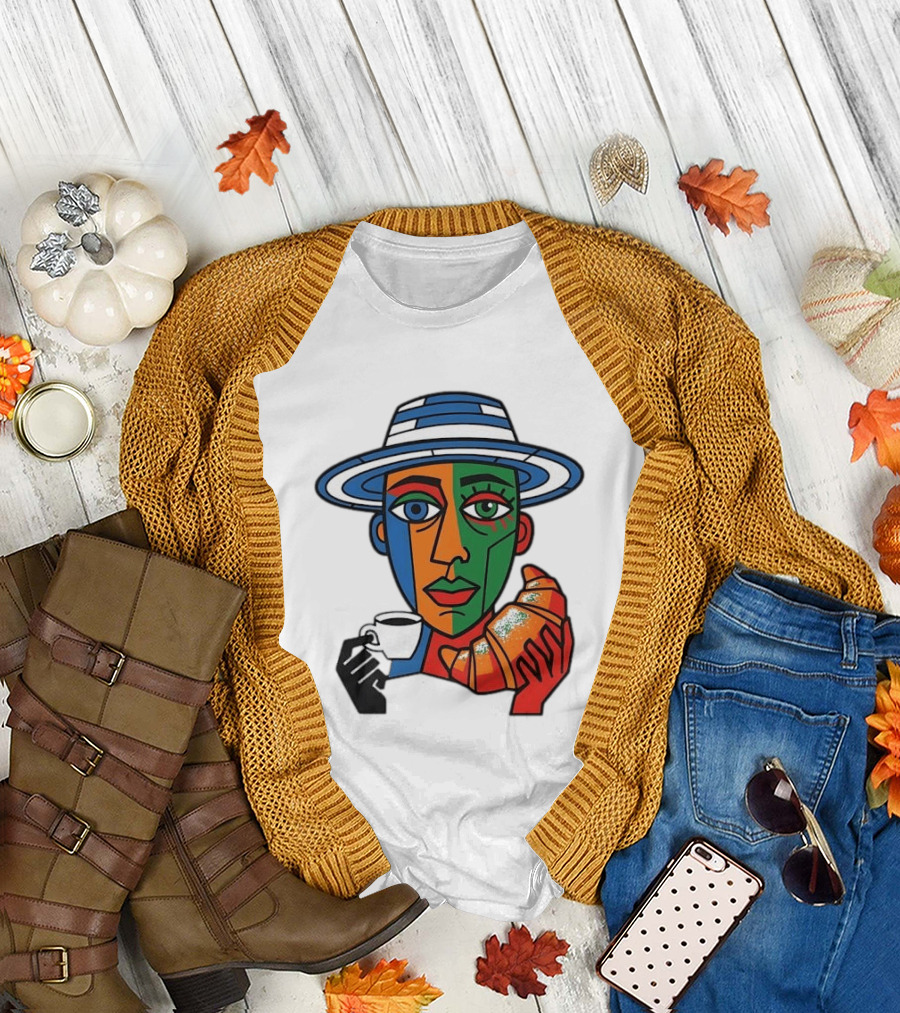 Cubist Coffee Drinker with Hat and Croissant T-Shirt