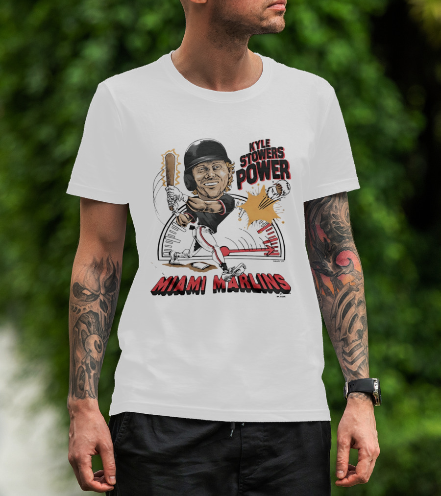 Kyle Stowers Power Miami Marlins Caricature Baseball Swing T-Shirt