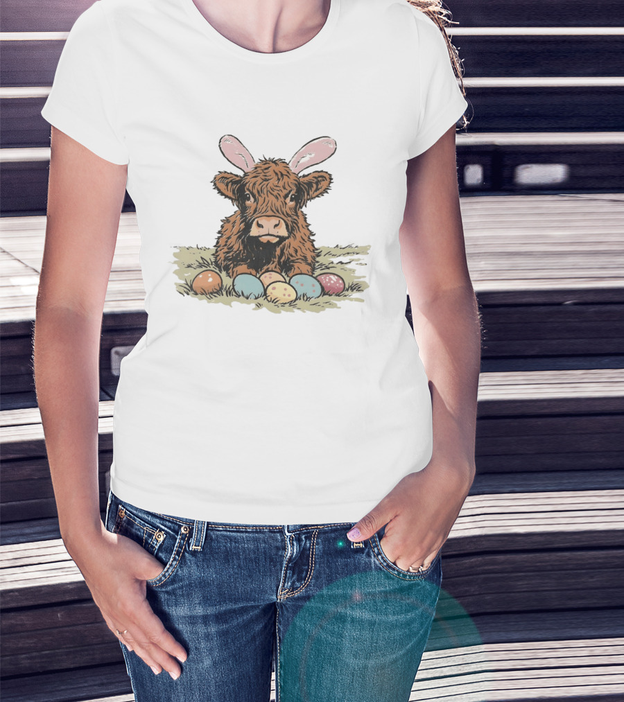 Highland Cow With Easter Eggs And Bunny Ears Easter Day 2026 T-Shirt