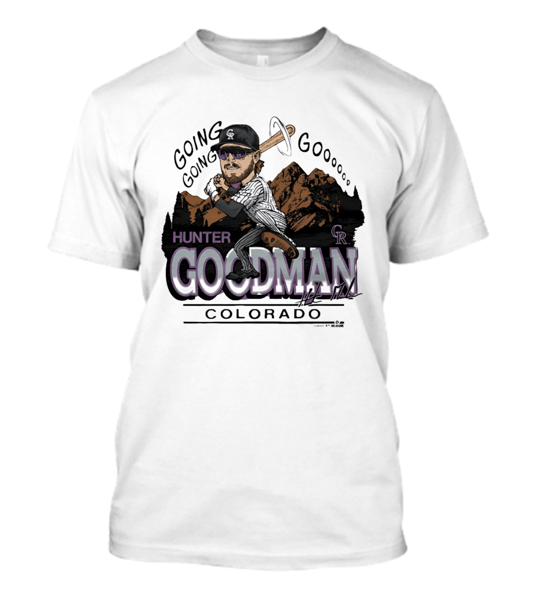 Hunter Goodman Going Going Going Colorado Rockies Caricature T-Shirt