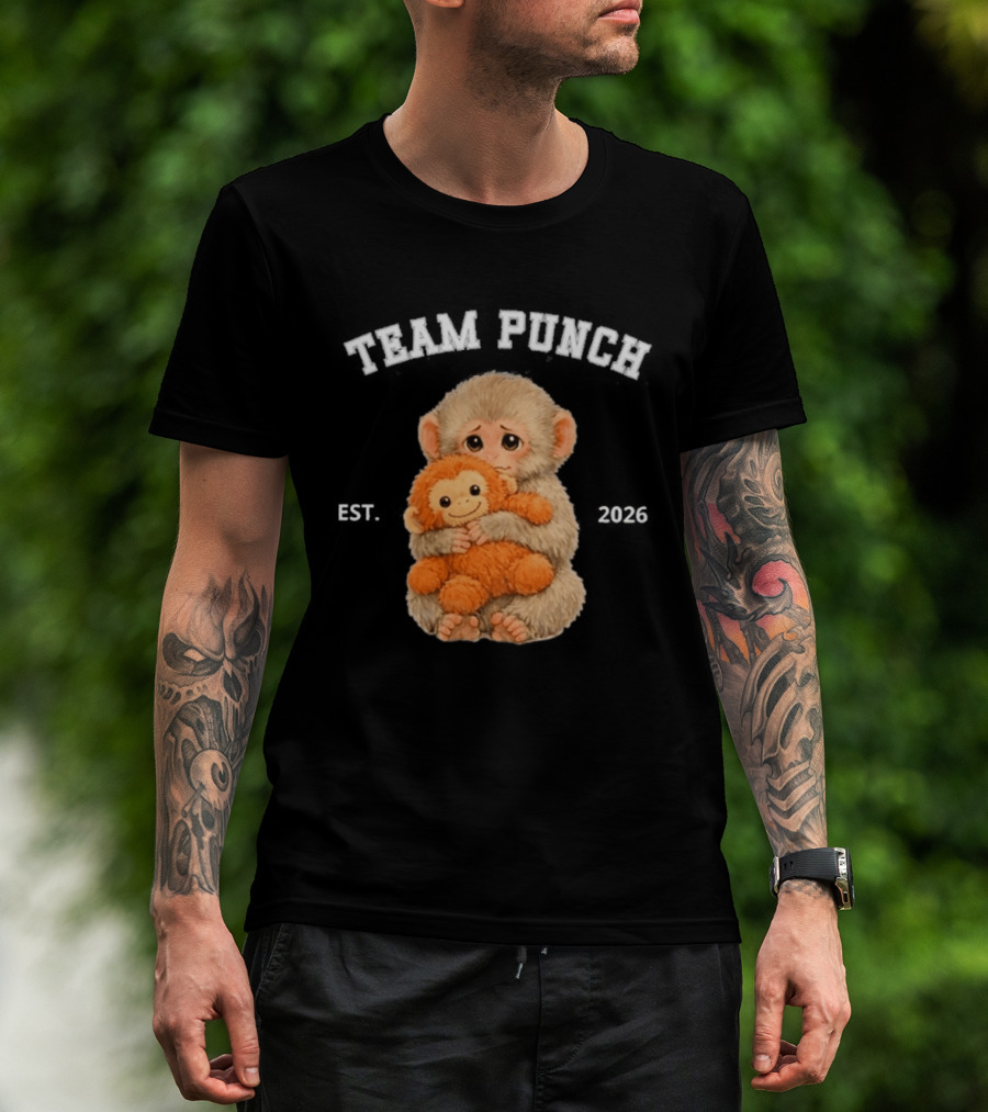 Team Punch Monkey EST 2026 Cute Baby Monkey Holding Plush Toy T-Shirt