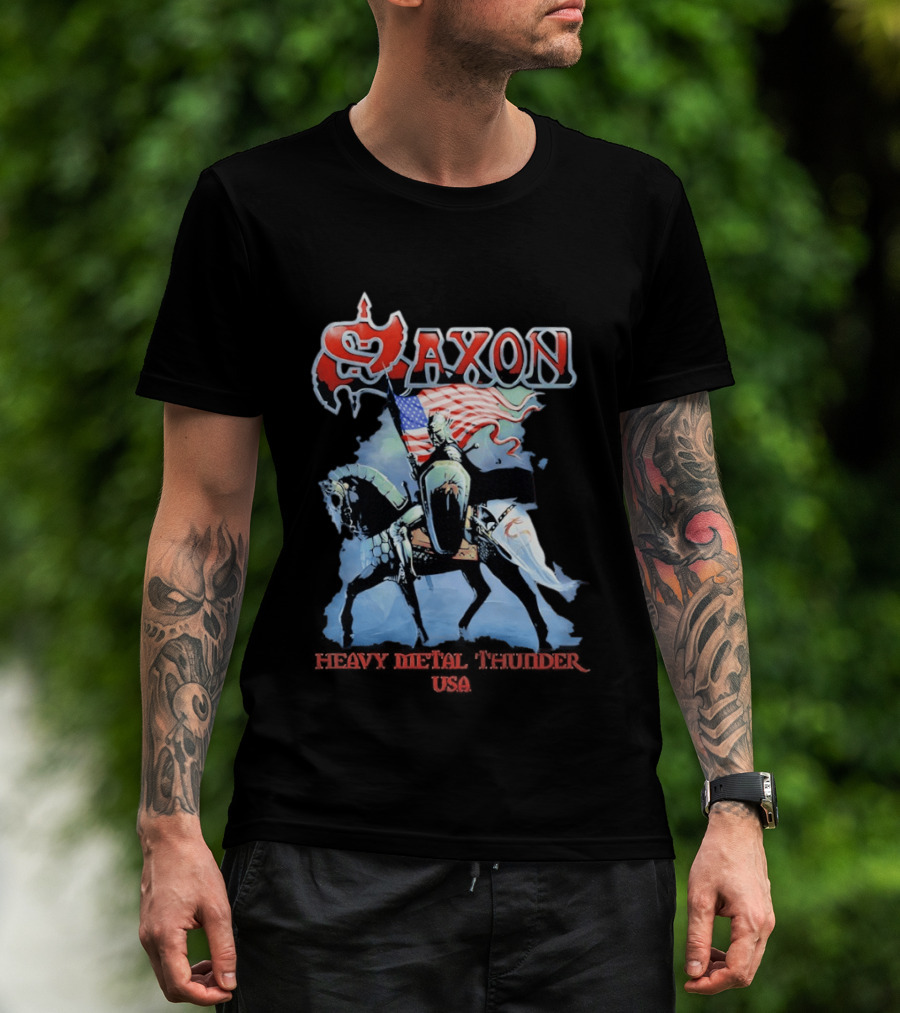 Saxon Heavy Metal Knight With American Flag USA T-Shirt