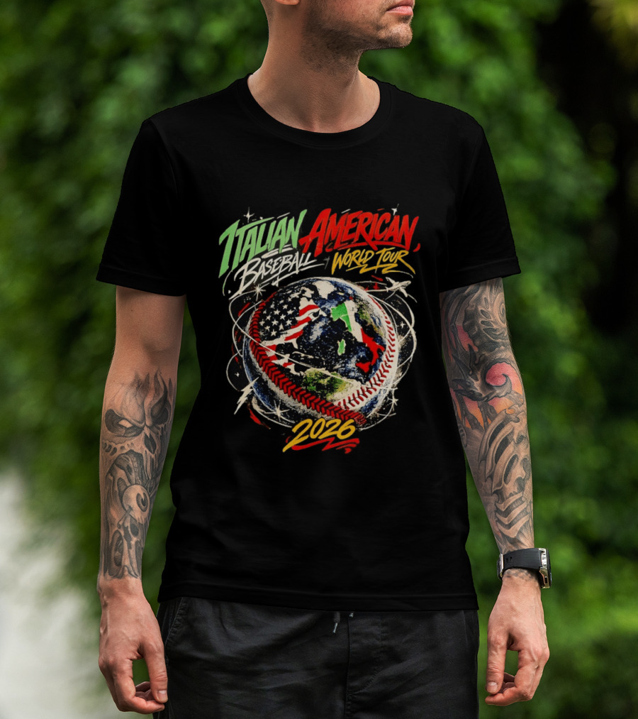 Italian American Baseball World Tour 2026 Flag Design Globe Baseball T-Shirt