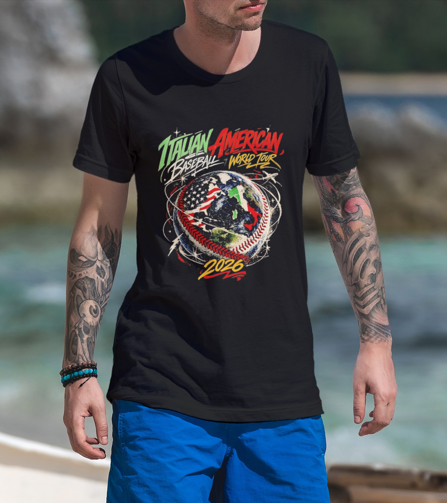 Italian American Baseball World Tour 2026 Flag Design Globe Baseball T-Shirt