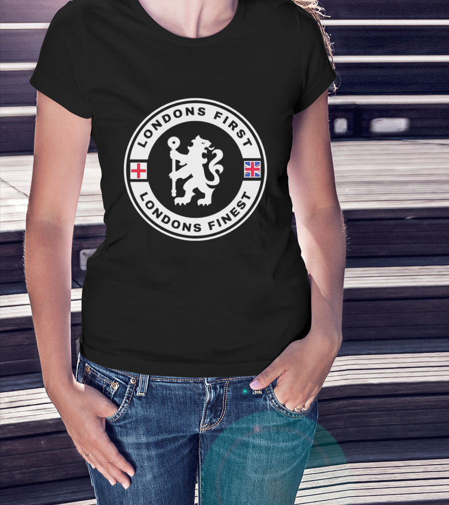London's First London's Finest Lion Emblem Red And Blue Flags T-Shirt