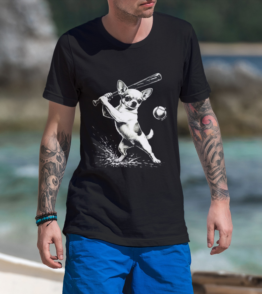 Chihuahua Playing Baseball Batting Cute Dog Sports Humor T-Shirt