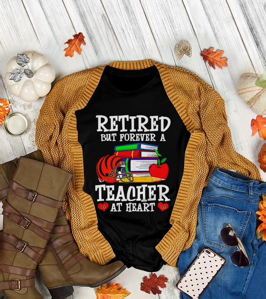 Retired But Forever a Teacher at Heart with Books Helmet and Apple T-Shirt