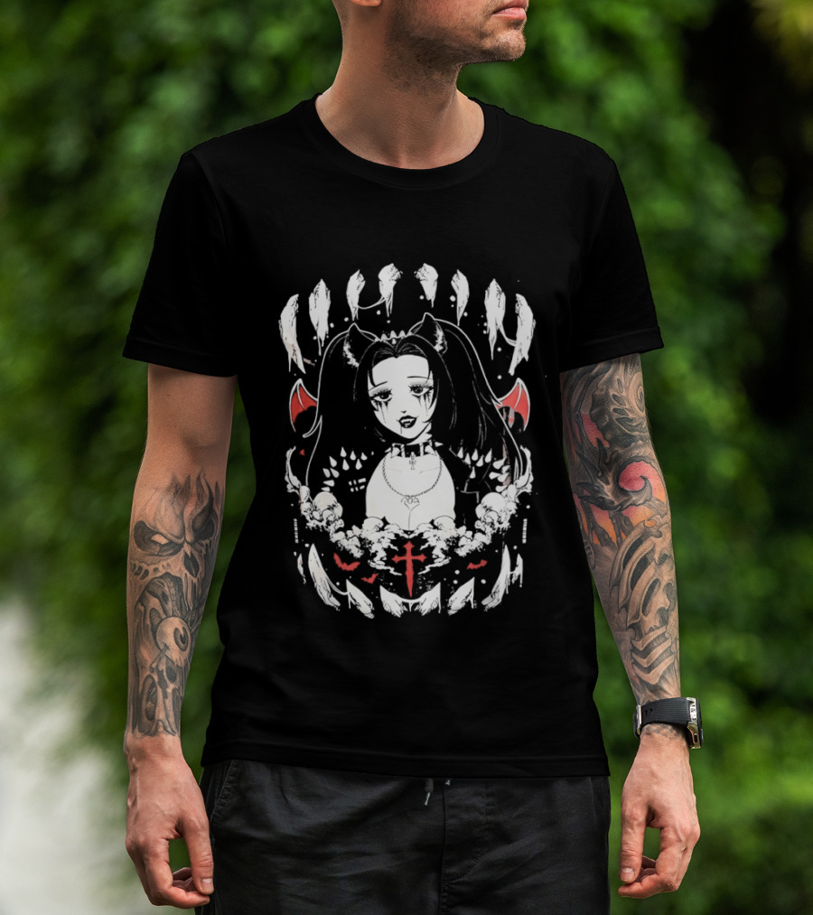 Emo Gothic Girl Bat Wings Cross And Skull Elements Dark Aesthetic T-Shirt
