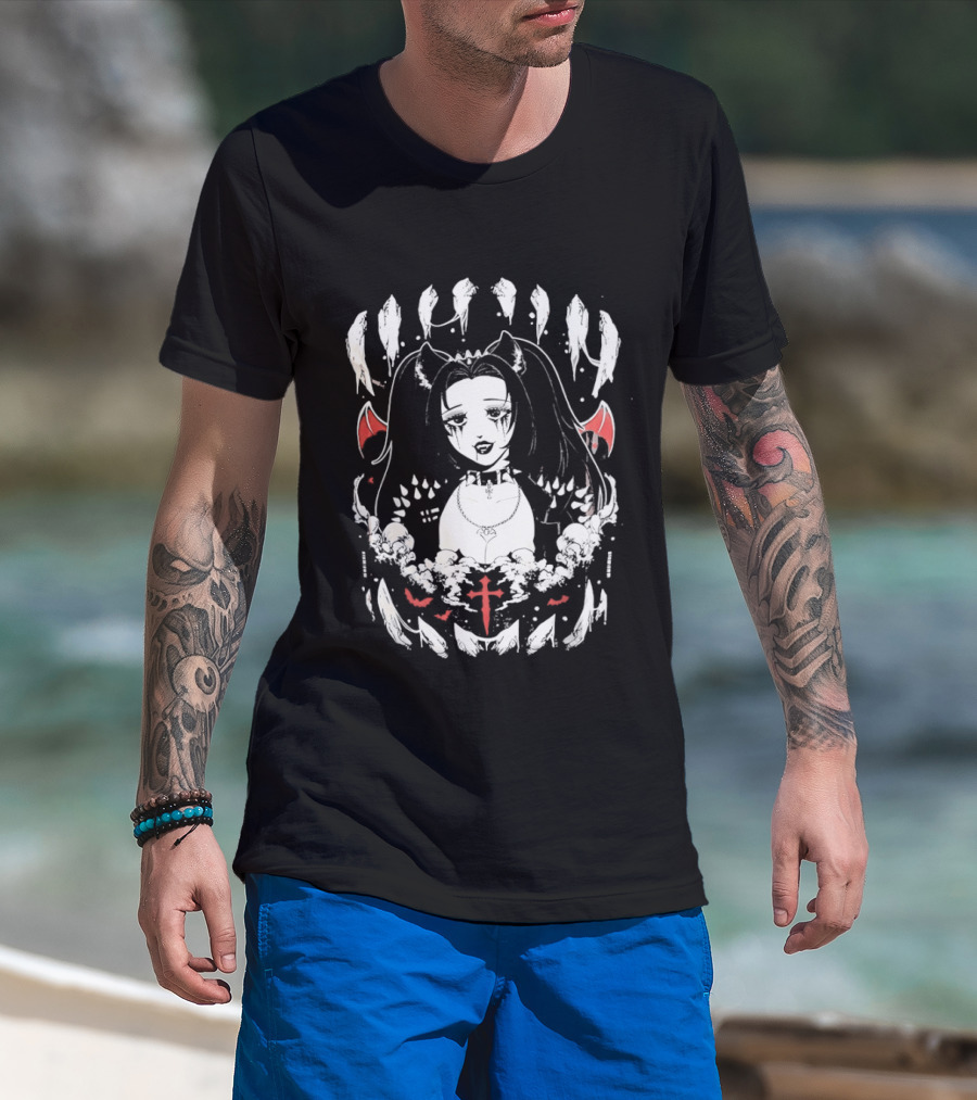 Emo Gothic Girl Bat Wings Cross And Skull Elements Dark Aesthetic T-Shirt