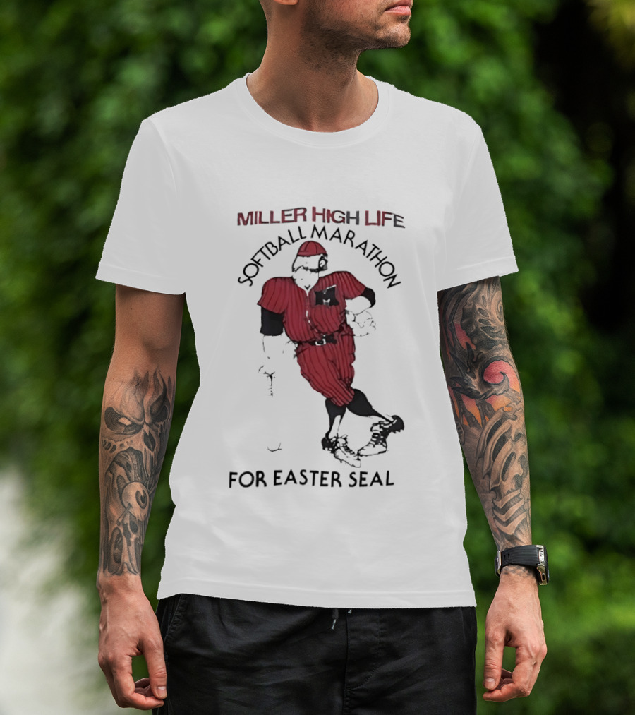 Miller High Life Softball Marathon For Easter Seal Player In Red Uniform T-Shirt