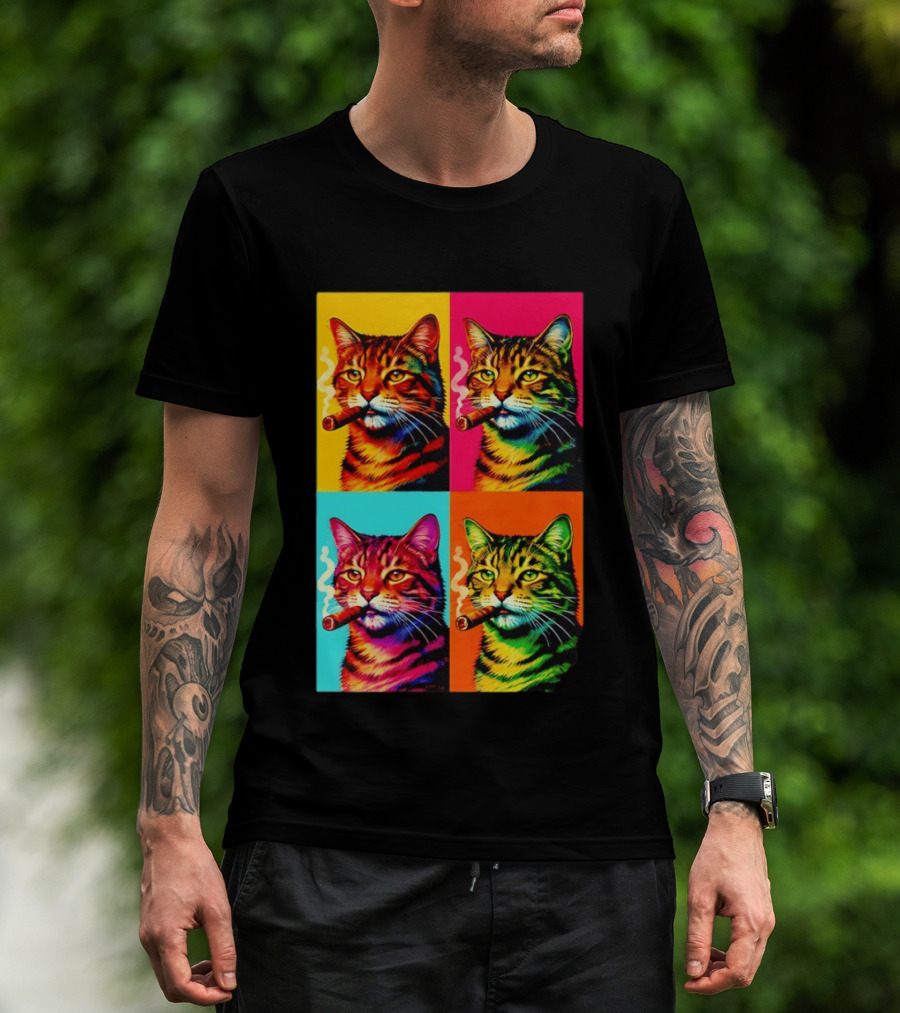 Pop Art Cat Smoking Cigar Colorful Comic T-Shirt