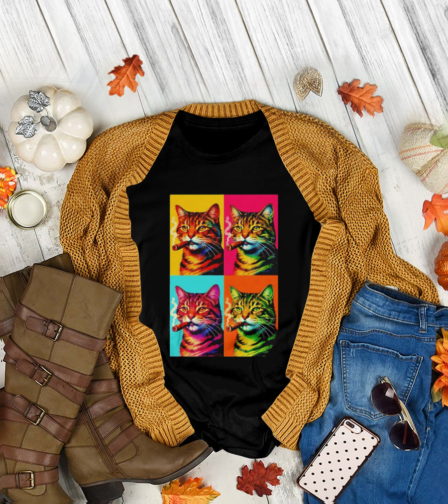 Pop Art Cat Smoking Cigar Colorful Comic T-Shirt