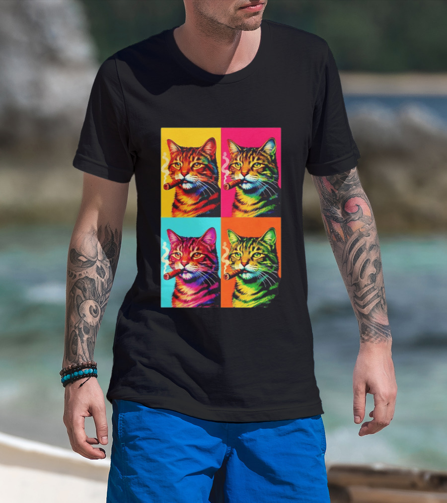 Pop Art Cat Smoking Cigar Colorful Comic T-Shirt