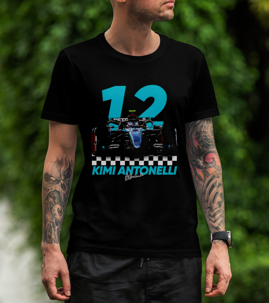 Kimi Antonelli 12 Formula One Racing Car With Checkered Flag T-Shirt