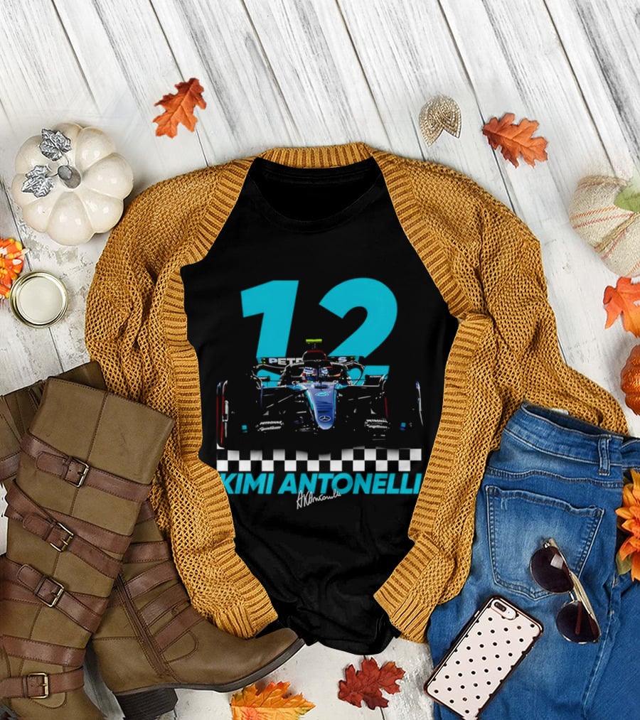 Kimi Antonelli 12 Formula One Racing Car with Checkered Flag T-Shirt