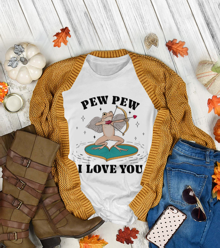 Pew Pew Cupid Frog Holding Love Bow Heart Shaped Lotus Leaf I Love You T-Shirt