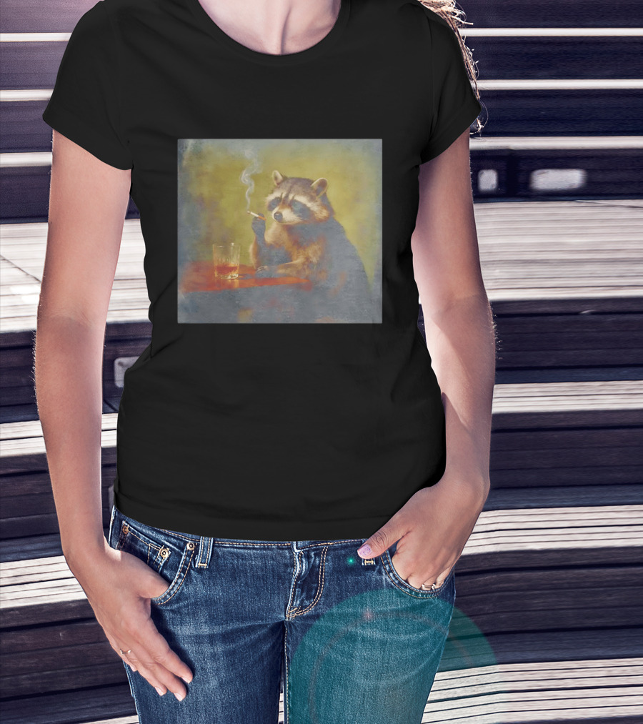 Sad Raccoon Smoking Cigarette And Drinking Whiskey Scene T-Shirt
