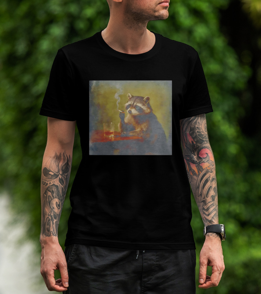 Sad Raccoon Smoking Cigarette And Drinking Whiskey Scene T-Shirt
