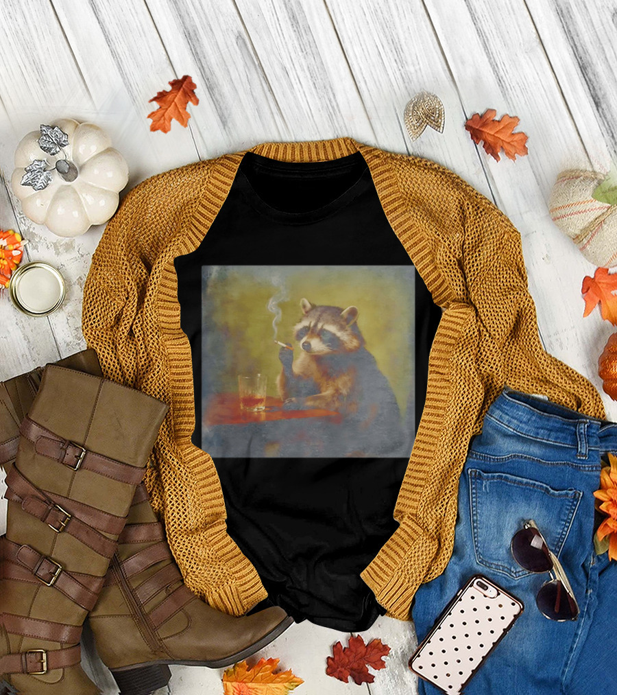 Sad Raccoon Smoking Cigarette and Drinking Whiskey Scene T-Shirt
