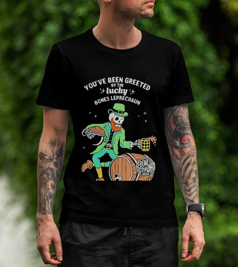 Lucky Bones Leprechaun With Beer And Barrel Celebration T-Shirt