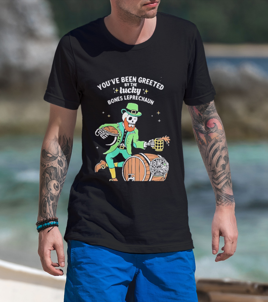 Lucky Bones Leprechaun With Beer And Barrel Celebration T-Shirt