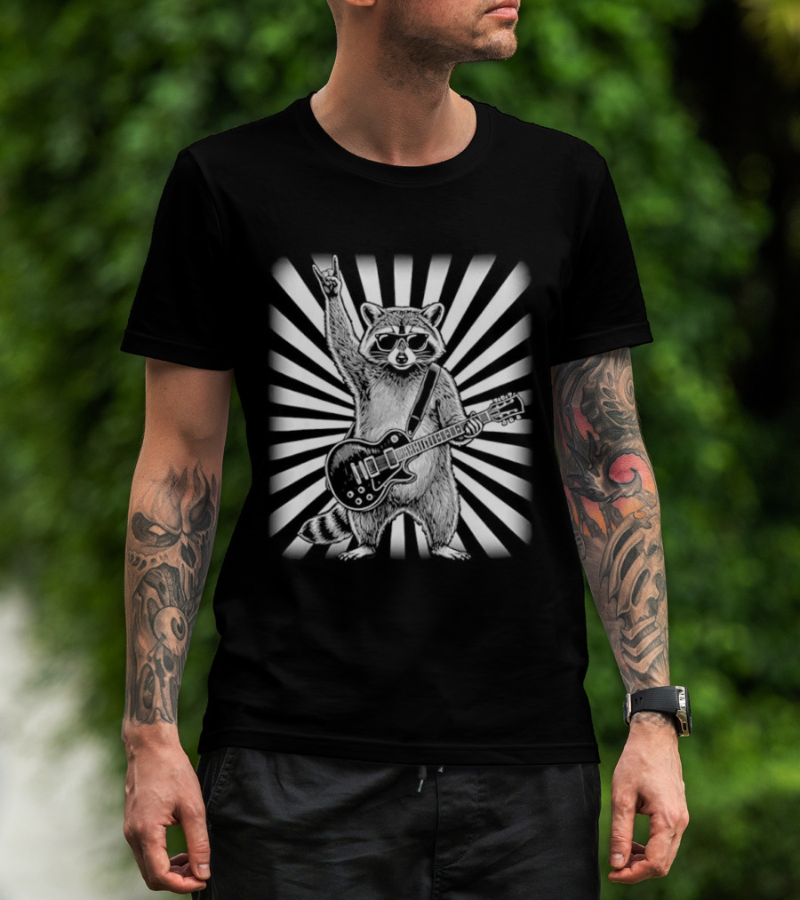 Raccoon With Guitar Rocking Out Retro Style Starburst T-Shirt