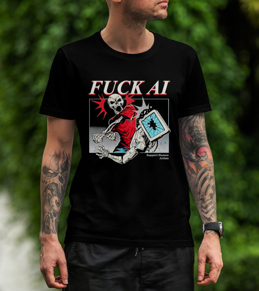 Skeleton Punch Robot Fuck AI Support Human Artists T-Shirt